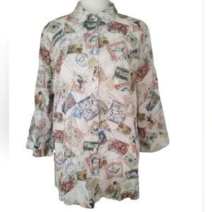 Chico's Button Front Novelty Postage Stamp Print 100% Linen Blouse Size XL